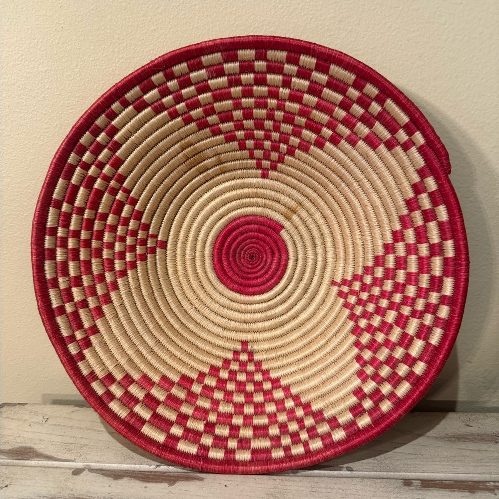 African Handwoven Coiled Sisal Sweetgrass Raspberry / Magenta & Tan Bowl Basket